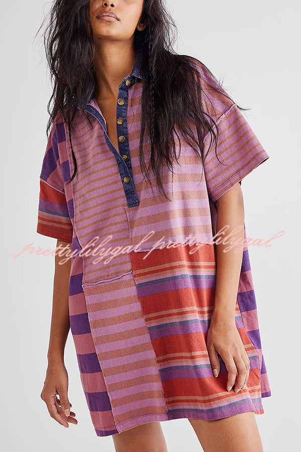 Contrast Striped Patchwork Denim Lapel Loose Casual Mini Dress