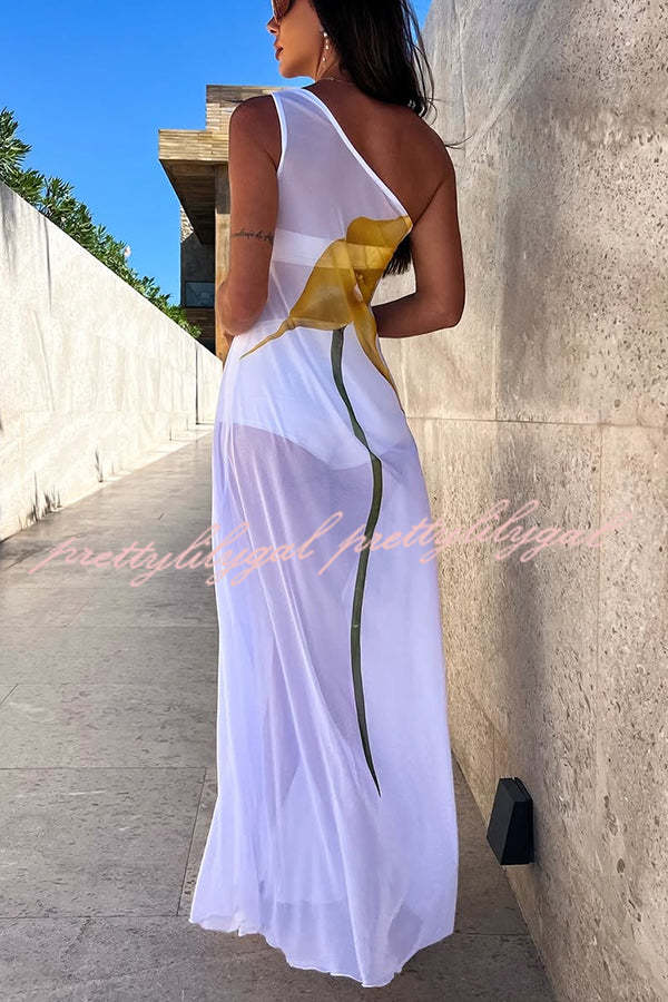 Dalia Tulle See Through Floral Print One Shoulder Vacation Maxi Dress