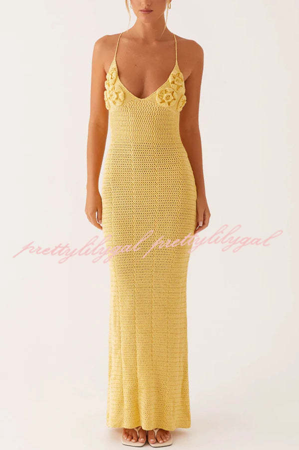 Olivia Crochet Knit Rose Texture Backless Stretch Maxi Dress