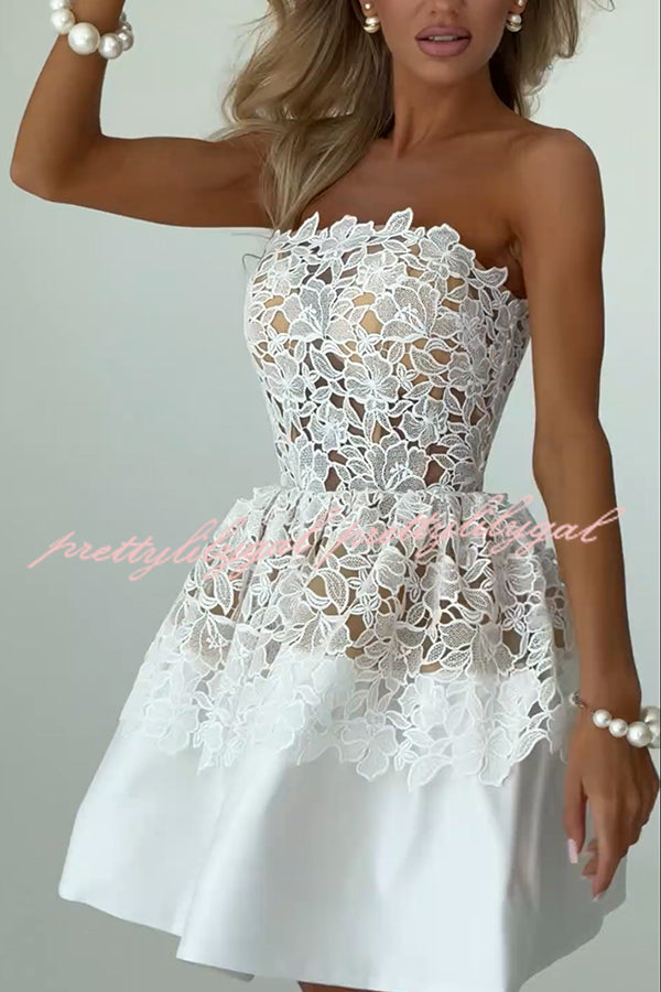 Angie Embroidered Floral Lace Patchwork Off Shoulder Tulip Hem Mini Dress