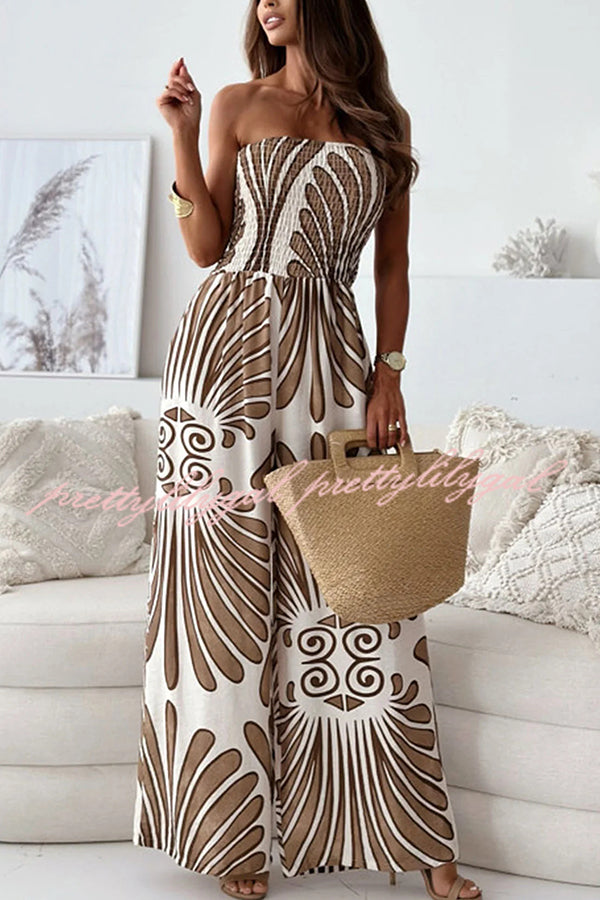 Unique Printed Off-shoulder Pleated Casual Wide-leg Jumpsuit