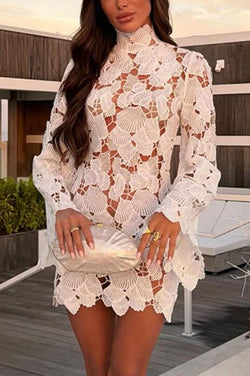Tropica View Crochet Lace Seashell High Neck Long Bell Sleeve Mini Dr prettylilygal Tropica View Crochet Lace Seashell High Neck Long Bell Sleeve Mini Dr prettylilygal