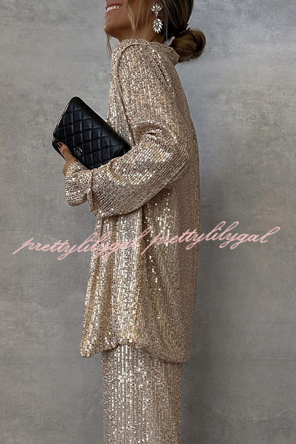 Party Scene Sequin Open Front Long Sleeve Drape Coat