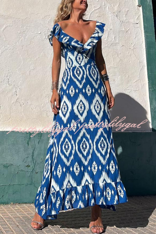 Coastal Canvas Ethnic Print Smocked Bust Ruffle Neck Maxi Dress