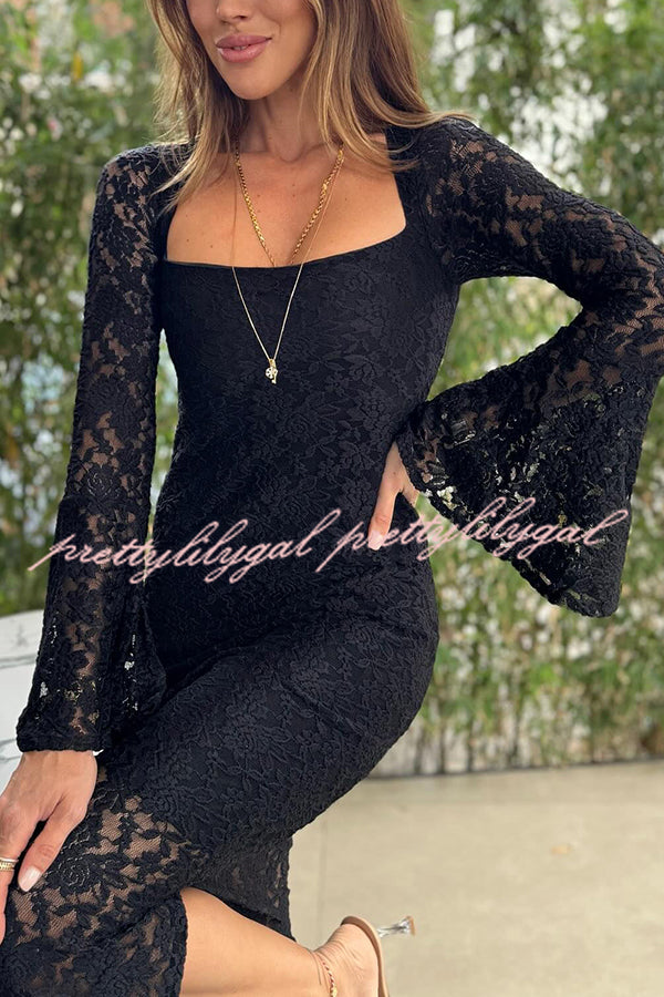 Luxe Lifestyle Lace Square Neck Bell Sleeve Lined Slit Midi Dress