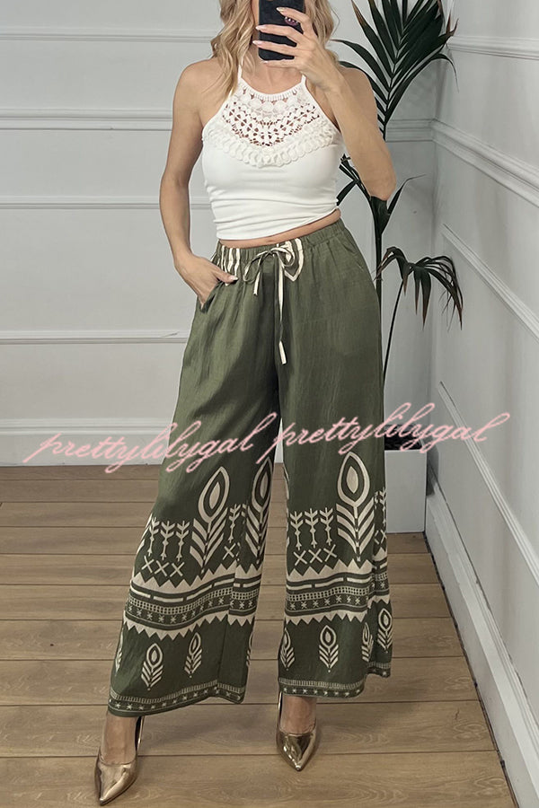 Unique Print Elastic Waist Casual Pocket Wide Leg Pants