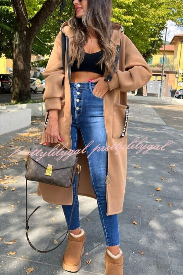 Fashionable and Casual Hooded Zipper Pocket Loose Long Coat