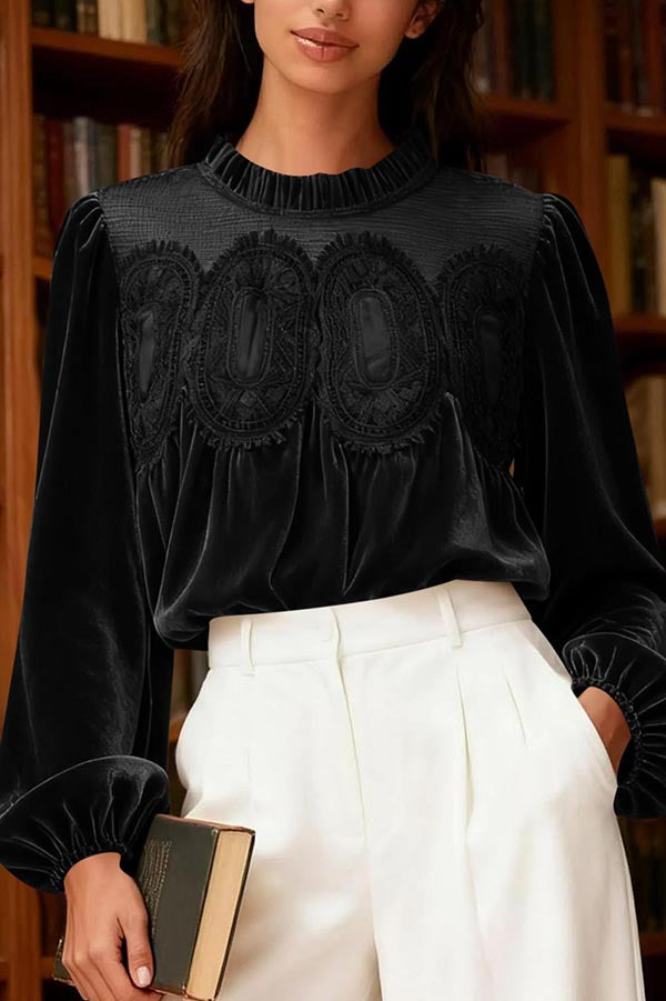 Fashionable Velvet and Lace Patchwork Loose Long-sleeved Top
