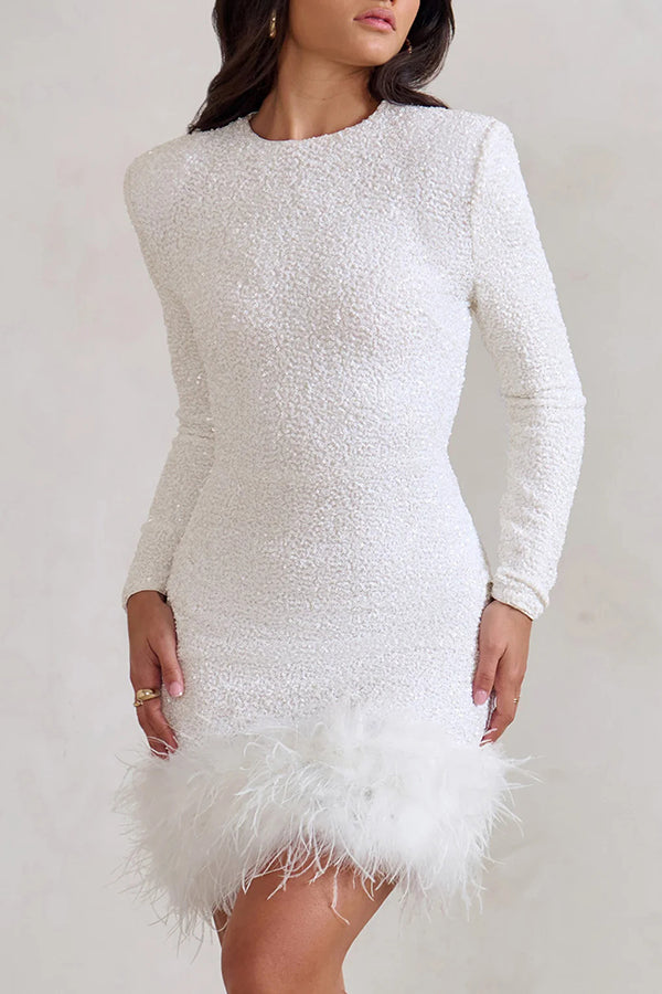 Party Must-Have Sequin Long Sleeve Feather Trim Stretch Mini Dress