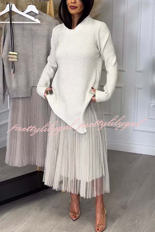 Jensine Ribbed Knit Long Sleeve Irregular Hem Loose Sweater