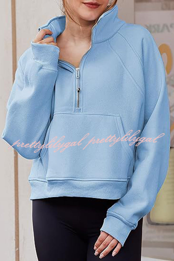 Stylish Patchwork Stand Collar Zippered Loose Pocket Sweatshirt