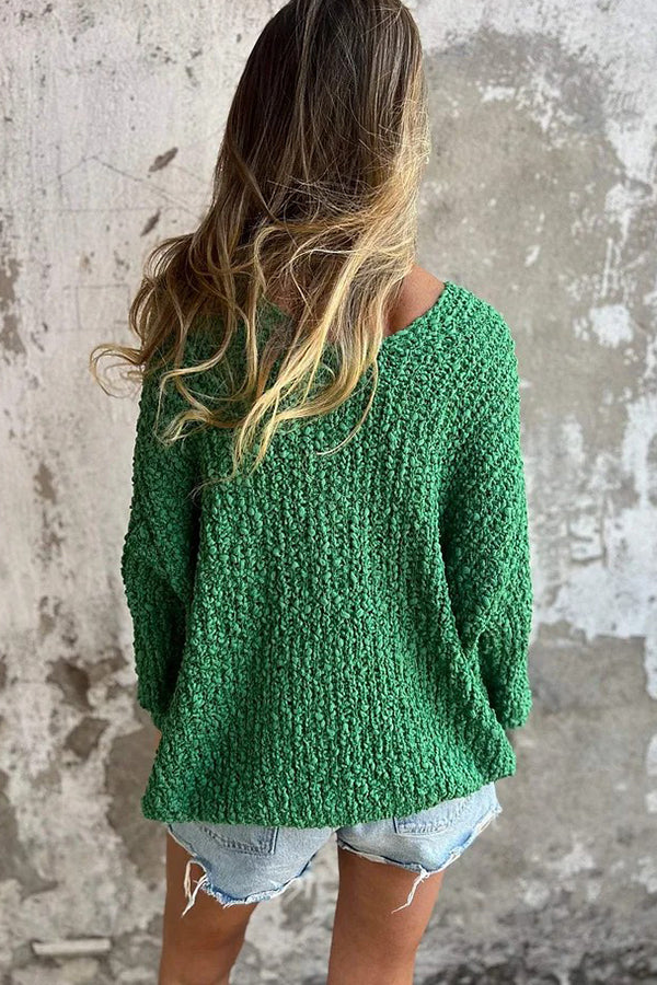 Solid Color V-neck Long-sleeved Loose Knitted Sweater