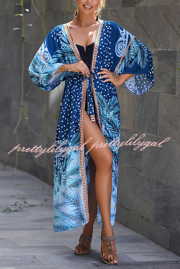 Unique Print Loose Lace Up Holiday Maxi Cover Up