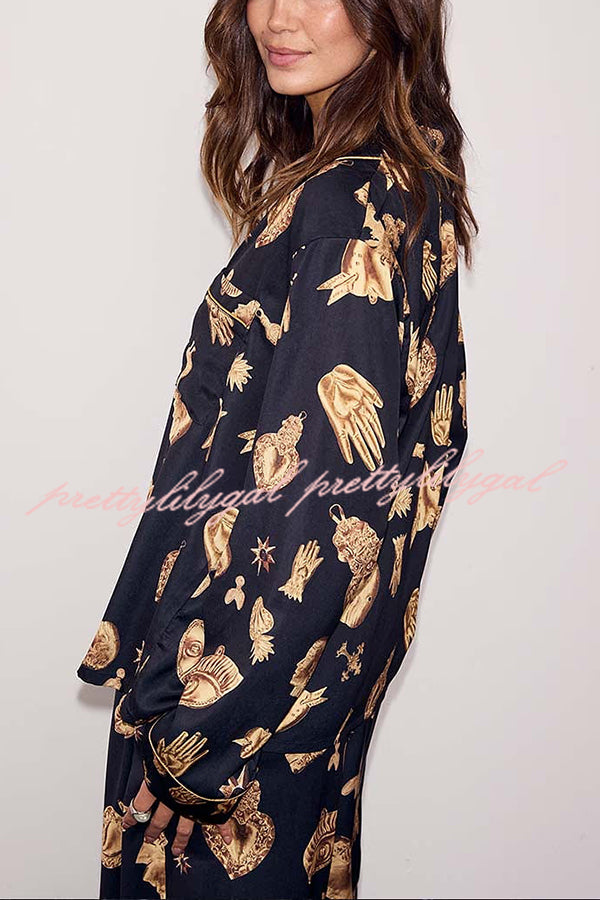Golden Night Unique Print Color-block Trim Loose Shirt and Elastic Waist Pocketed Pajama Set