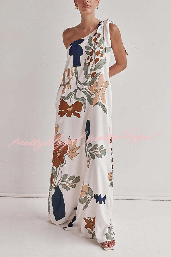 Matches The Vacation Unique Print One Shoulder Tie-up Pocketed Loose Maxi Dress