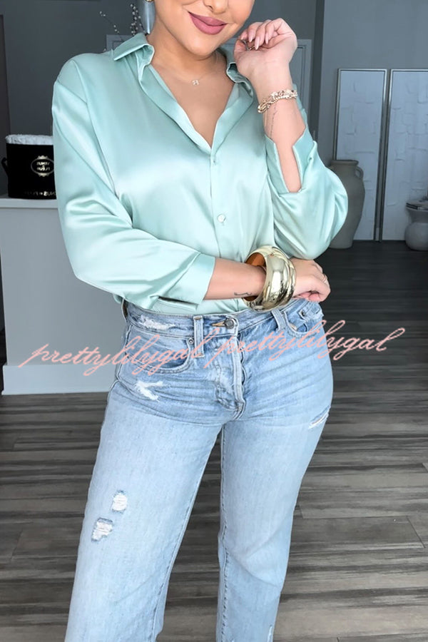 Switch Styles At Will Satin Botton Up Long Sleeve Relaxed Blouse