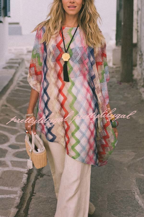 Sun Washed Knit Colorful Zigzag Pattern Asymmetric Hem Loose Cover-ups Kaftan