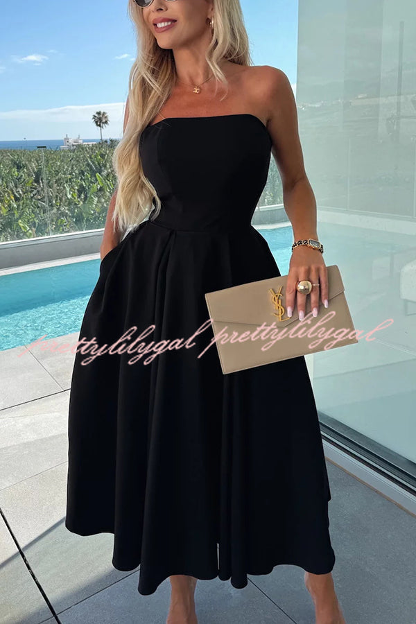 Sweet Cascade Solid Color Off Shoulder Pocket Full Hem Midi Dress