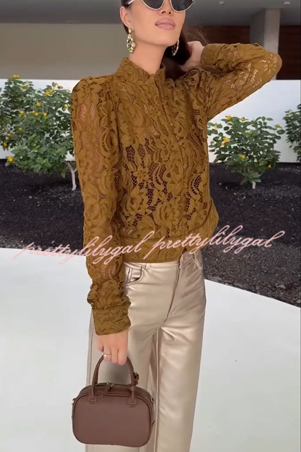 Palace Style Crochet Flower Lace Stand Neck Button Puff Sleeve Jacket