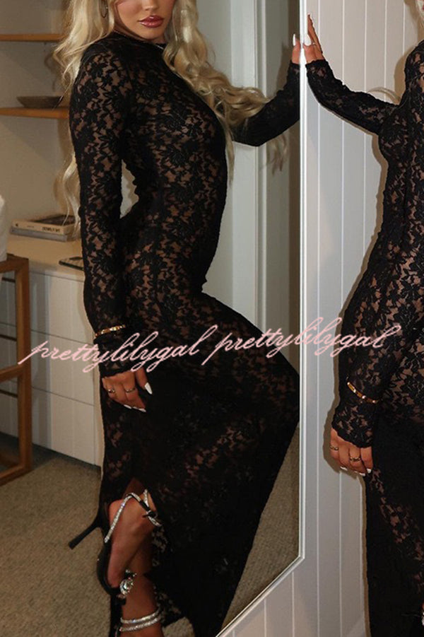 Solid Color Round Neck Long Sleeve Sexy Lace Slim Fit Cover-up Maxi Dress