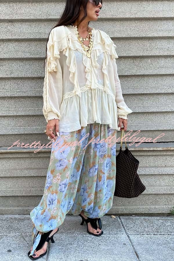 Autumn Boho Chiffon Floral Print Elastic Waist Tie-up Hem Balloon Pants