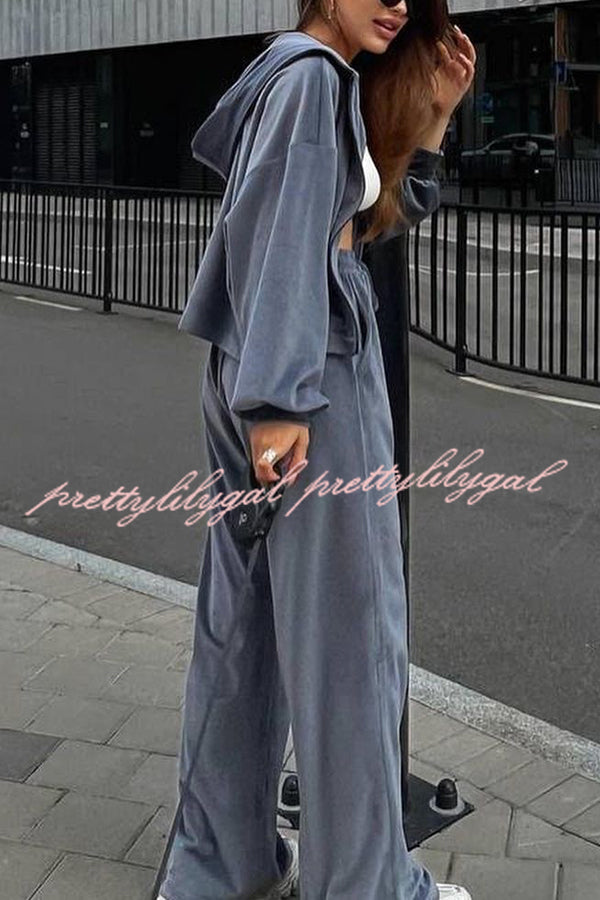 Velvet Casual Zip-up Hooded Top and Elastic Waist Wide Leg Pants Set