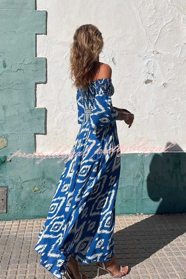 Close To The Vacation Ethnic Print Smocked Off Shoulder Pocketed Maxi – prettylilygal