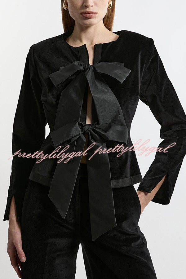 Cue The Cocktails Velvet Tailored Taffeta Bow Detail Peplum Jacket