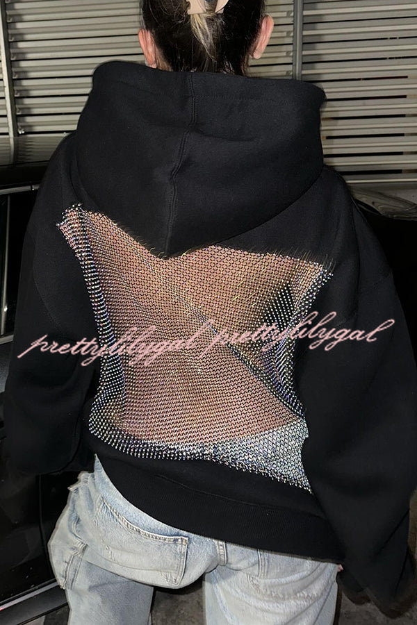 Fashionable Shiny Mesh Hollow Back Loose Long-sleeved Hooded Sweatshirt