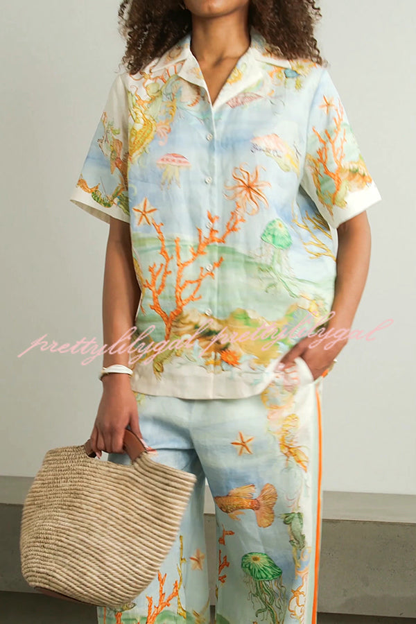 Unique Printed Lapel Short Sleeve Loose Shirt and Elastic Waist Casual Pocket Vacation Pants Set