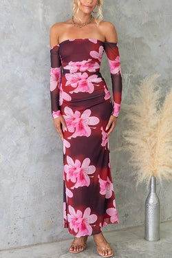 Floral Fantasy Mesh Off Shoulder Long Sleeve Stretch Maxi Dress
