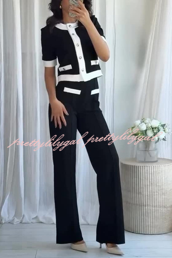 Fashionable Contrast Color Short-sleeved Button-down Top
