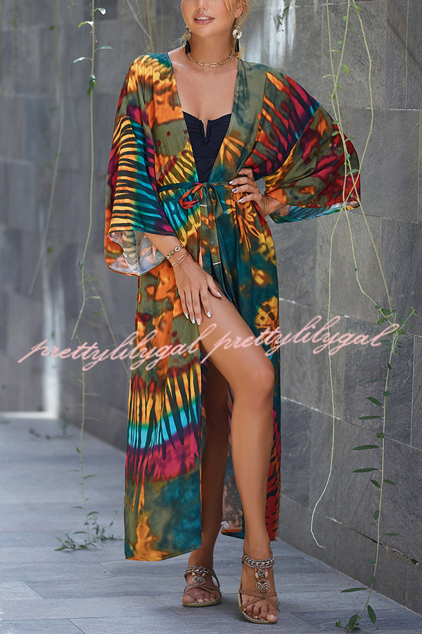 Unique Print Loose Lace Up Holiday Maxi Cover Up