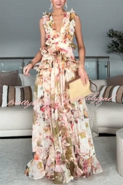 Wedding Season Chiffon Floral Ruched Plunge Open Back Maxi Dress