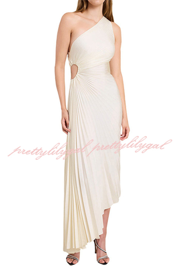 Glam Vibes Satin One Shoulder Side Cutout Pleated Maxi Dress