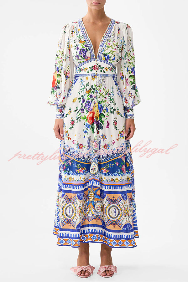Fairy Tale Print V-Neck Lantern Sleeve Waist Maxi Dress