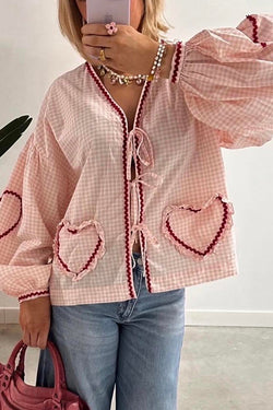 Lovely Plaid Heart Pattern Casual Lace-up Pocket Loose Shirt