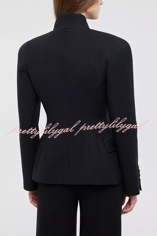 Classic Luxury Unique Metal Button Stand Collar Long Sleeve Blazer