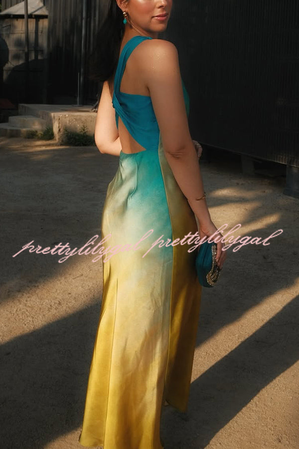 Satin Ombre One Shoulder Backless Fitted Maxi Dress