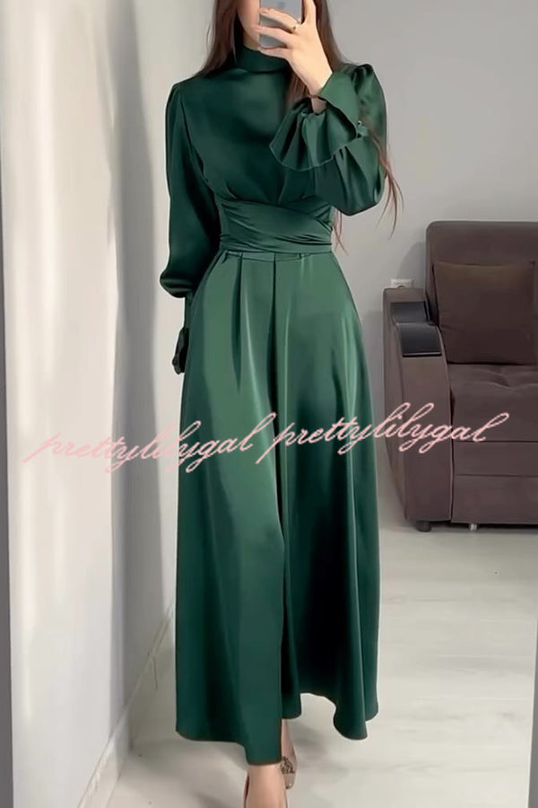 Solid Color Ruffled Sleeves Waisted Tie Slim Fit Maxi Dress