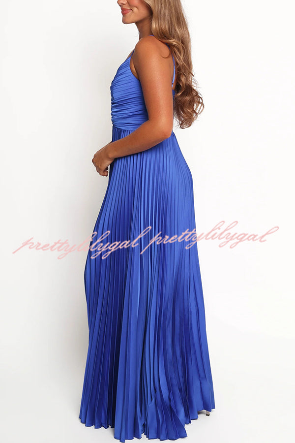 Catch The Light Satin Pleated V-neck Slip Maxi Dress