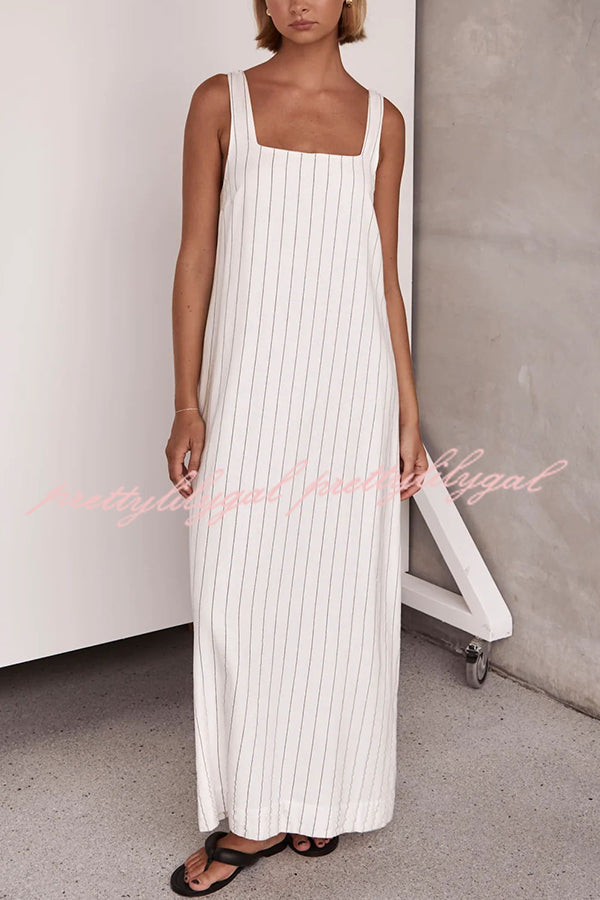 Simple and Stunning Linen Blend Pinstripe Detail Square Neck A-line Maxi Dress