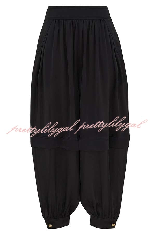 Esella Satin Gathered Waist Pocket Button Ankle Cuffs Harem Pant