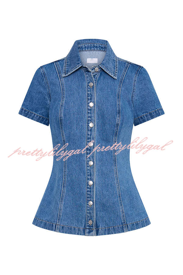 Modern Flavor Denim Short Sleeve Button Up Princess Seams Stretch Top