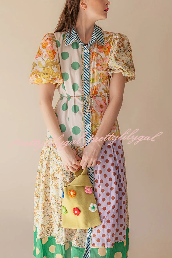 Linen Blend Unique Print Lapel Puff Sleeve Casual Midi Dress