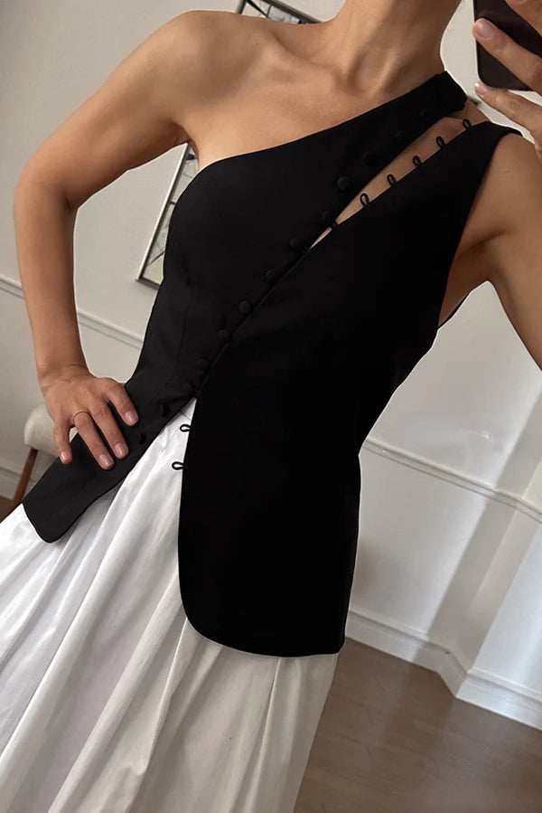 Full of Design Solid Color One Shoulder Asymmetric Slit Button Casual Vest