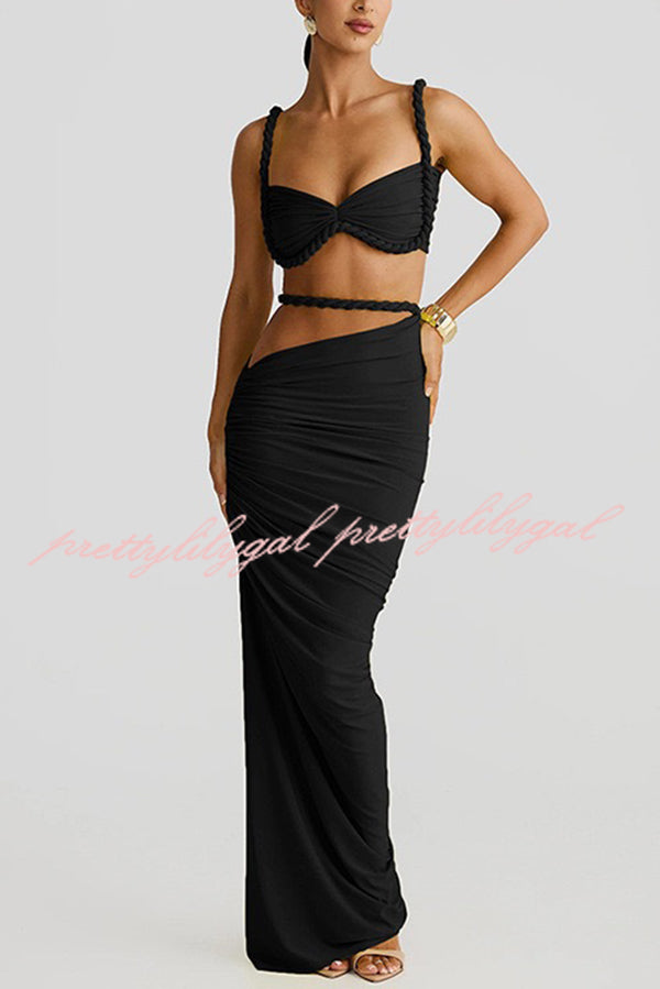 Sexy Halter Back Braided Suspender Top and Beach Holiday Style Hip-wrapped Maxi Skirt Set