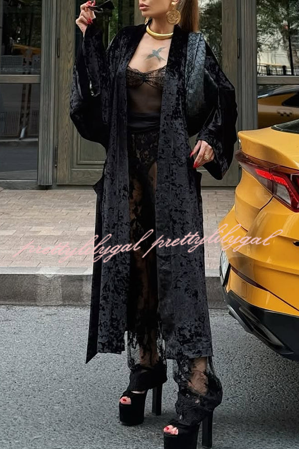 Gorgeous Glossy Velvet Long Bell Sleeve Tie-up Pocket Midi Kimono Coat