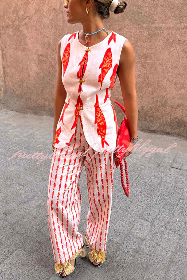 Good Luck Linen Blend Koi Pattern Metal Buttons Waisted Vest