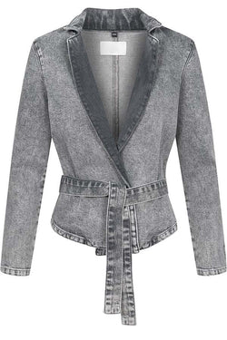 Casual Meetup Denim Stand Neck Long Sleeve Belted Loose Jacket